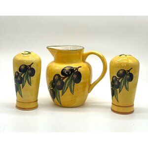 Small Ceramic Yellow Pitcher w/Olive Branches and Salt & Pepper Shakers, Unused
